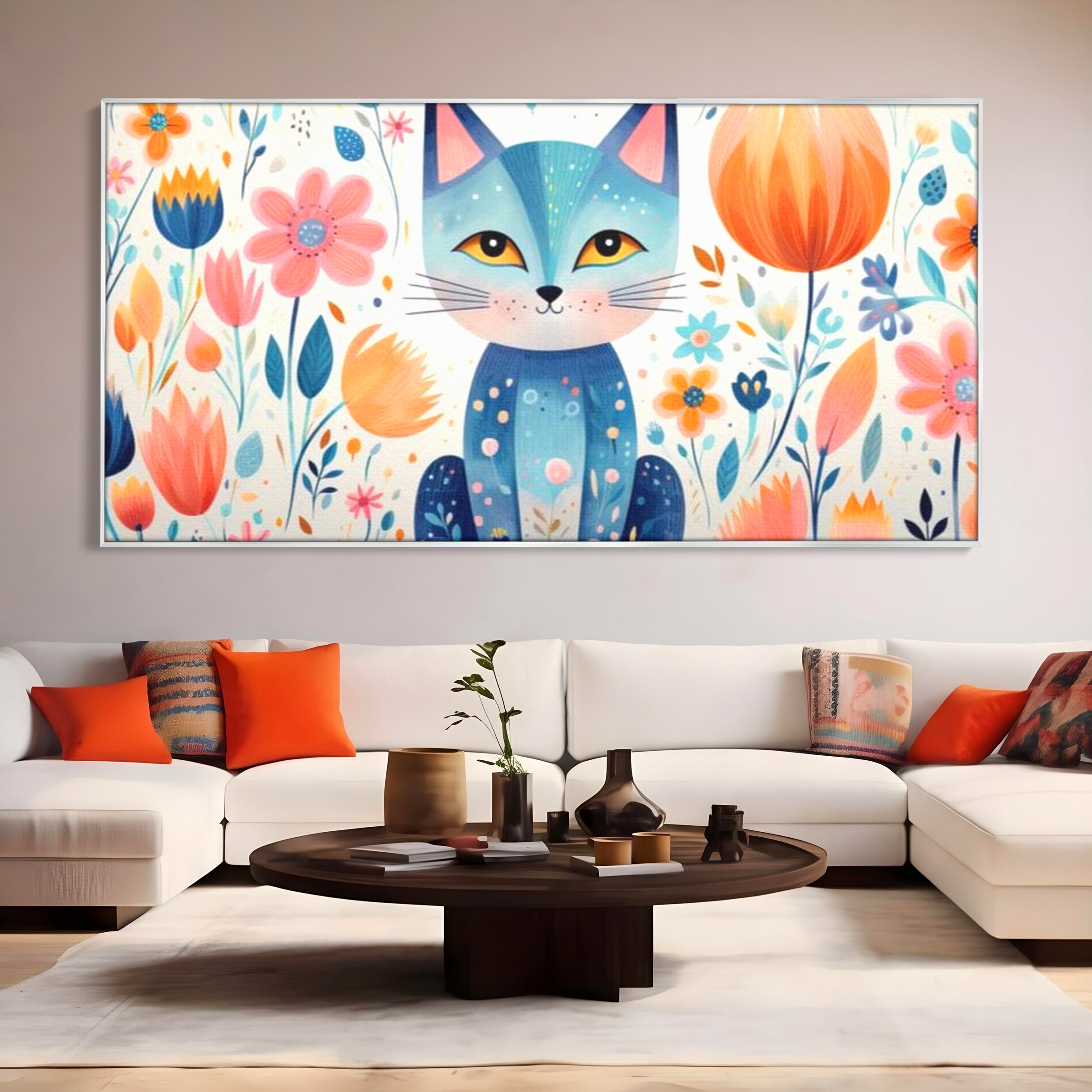 Tablou canvas cu ilustratie digitala cu pisica albastra si flori, in rama de aluminiu argintiu, pe perete intr-un living
